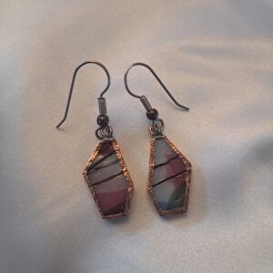 Vintage Handmade Stained Glass Copper Foil Dangle Earrings – .75" Drop